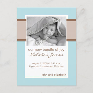 Carte Postale Faire-part Annonce de naissance de bébé marron et bleu