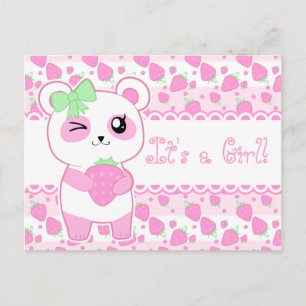 Carte Postale Faire-part Annonce de naissance de bébé rose ourson Panda Kaw
