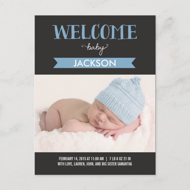 Carte Postale Faire-part Annonce de naissance de bienvenue chic - Bleu (Devant)