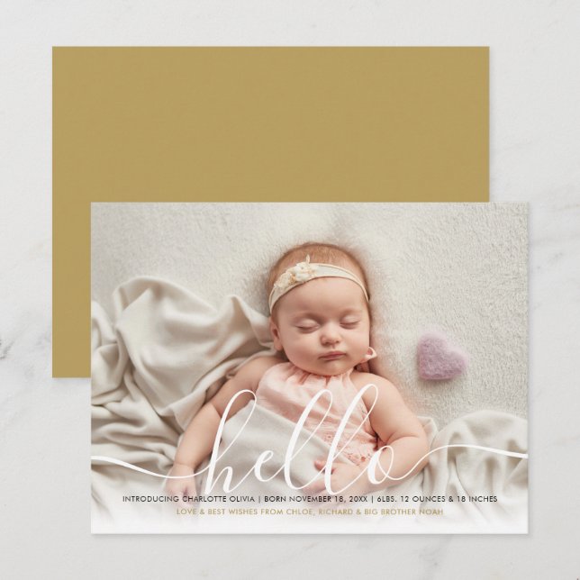 Carte Postale Faire-part Annonce de naissance élégante avec écriture Hello  (Devant / Derrière)