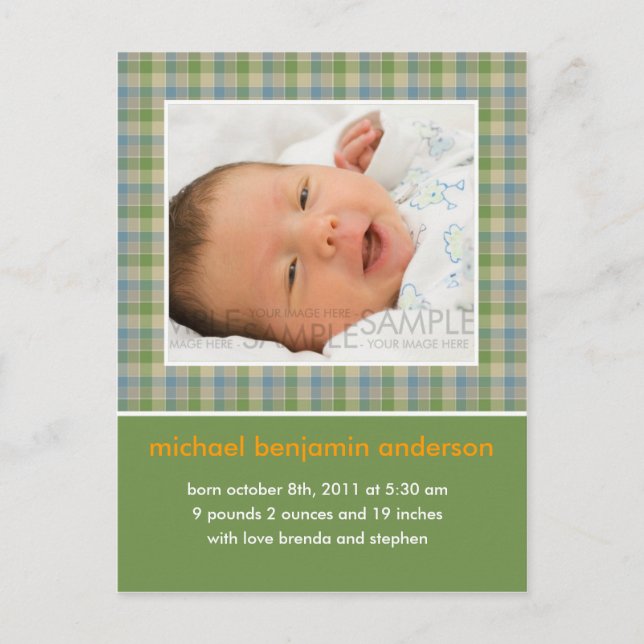 Carte Postale Faire-part Annonce de naissance Gingham vert/bleu (Devant)