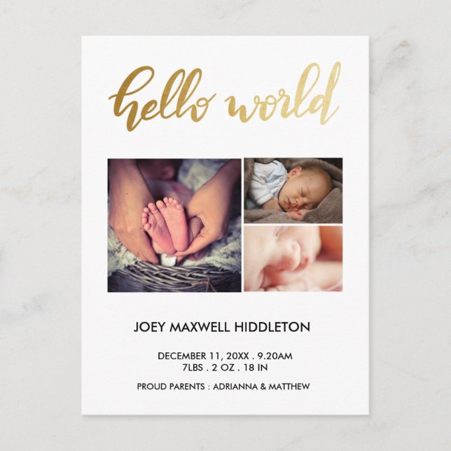 Carte Postale Faire-part Annonce de naissance Trois Photos Hello World (Devant)