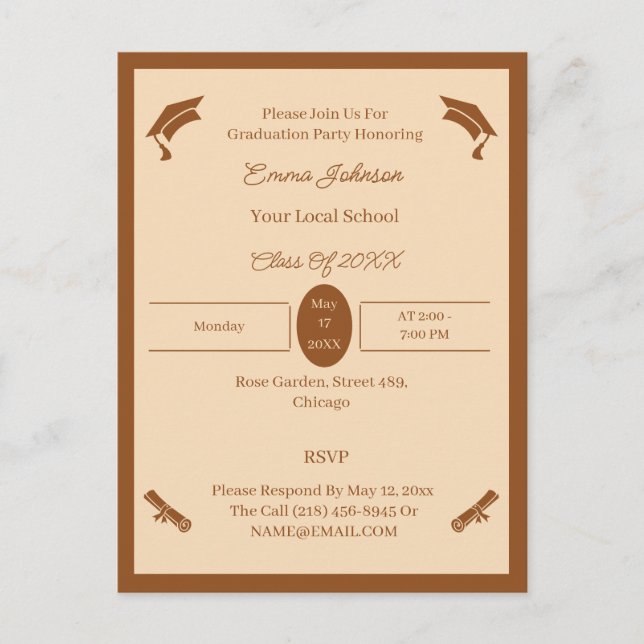 Carte Postale Faire-part Annonce de remise de diplôme personnalisée marron  (Devant)