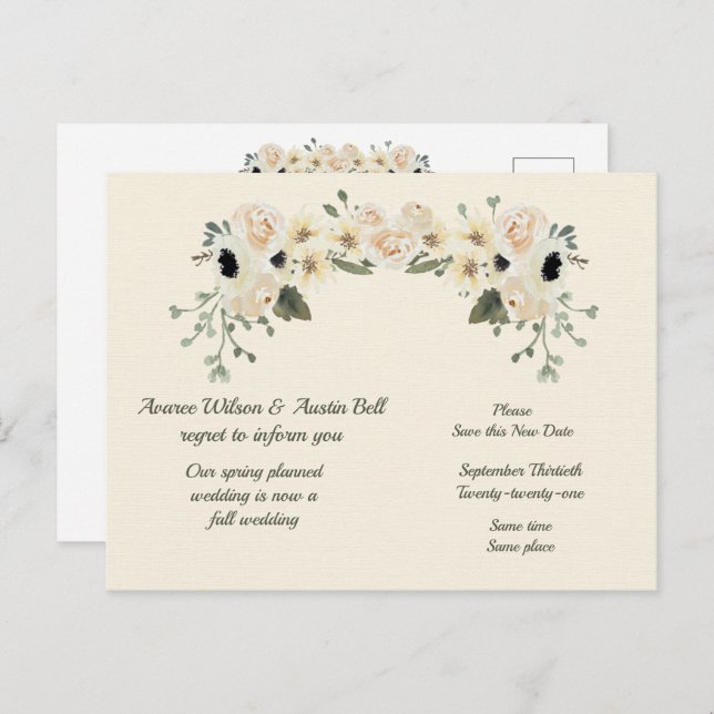 Carte Postale Faire-part Annonce de report de mariage de printemps à automn (Devant / Derrière)