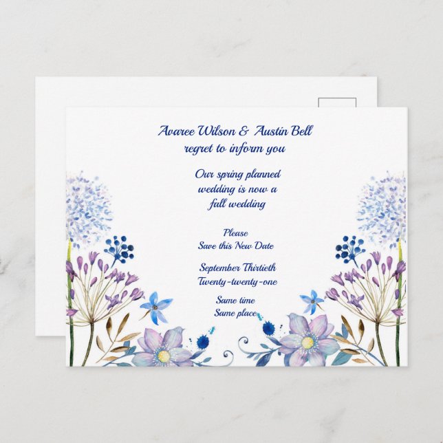 Carte Postale Faire-part Annonce de report de mariage de printemps à automn (Devant / Derrière)