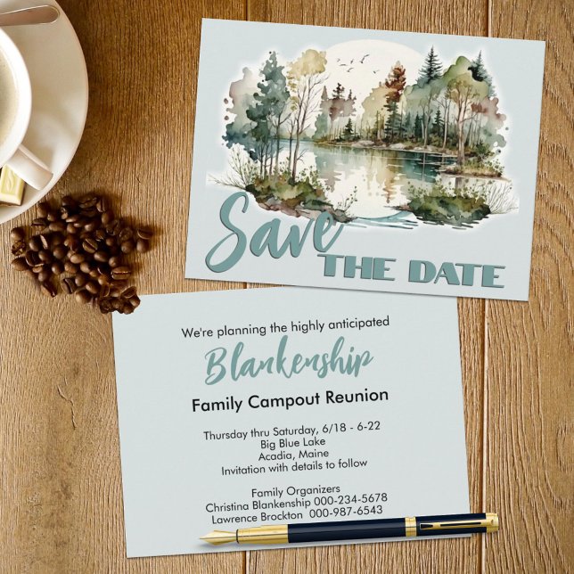 Carte Postale Faire-part Annonce de Réunion de Famille au Bord du Lac  (This lakeside scene family reunion save the date announcement also serves as the invitation. )