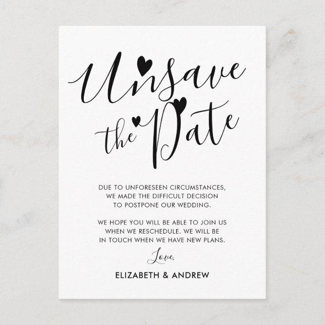 Carte Postale Faire-part Annuler la date coeurs report de mariage (Devant)