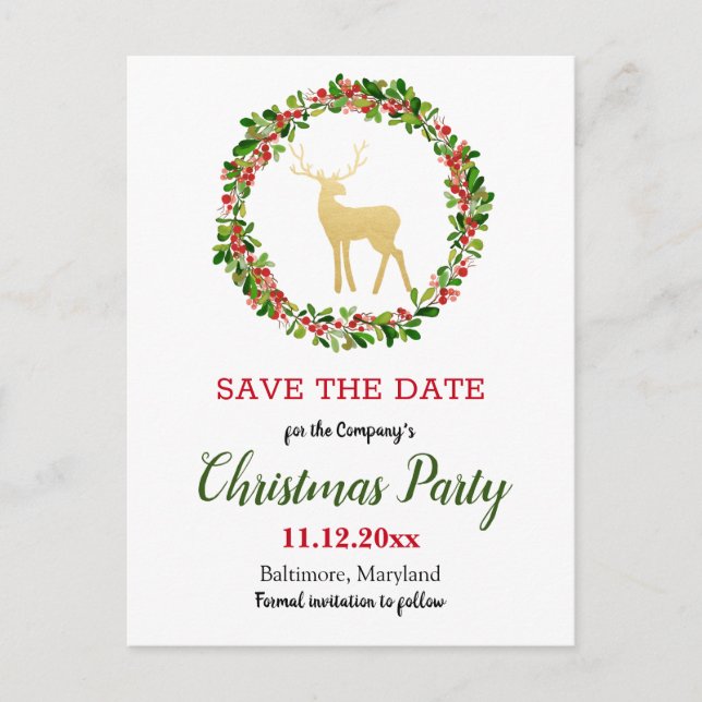 Carte Postale Faire-part Antler Berry Wreath Christmas Party Sauvez la date (Devant)