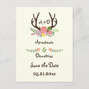 Carte Postale Faire-part Antlers & fleurs mariage monogramme Enregistrer la