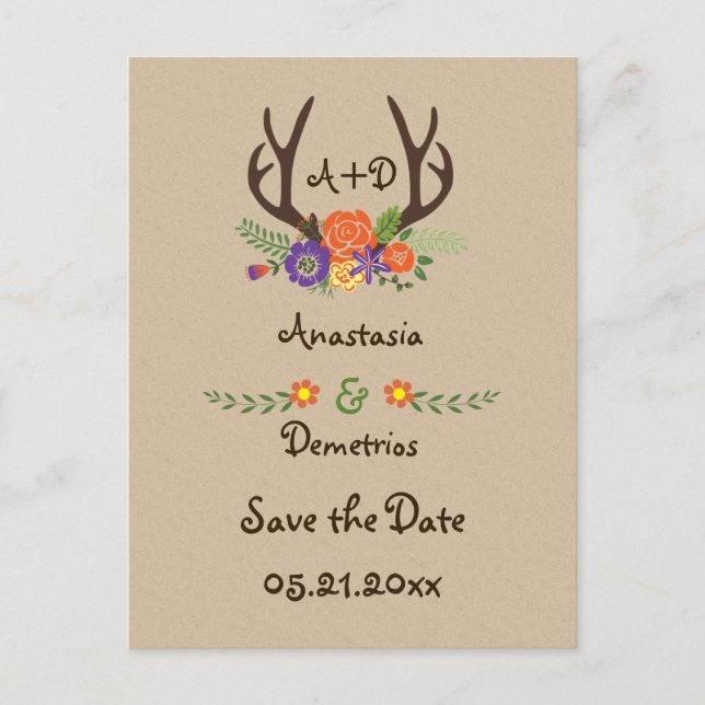 Carte Postale Faire-part Antlers & fleurs mariage monogramme Enregistrer la (Devant)