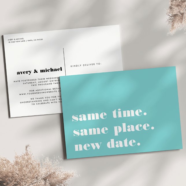 Carte Postale Faire-part Aqua | Annonce de report de mariage moderne (Créateur téléchargé)