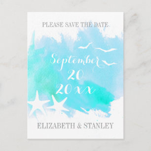 Carte Postale Faire-part Aqua aquarelle, mariage d'étoiles de mer Enregistr