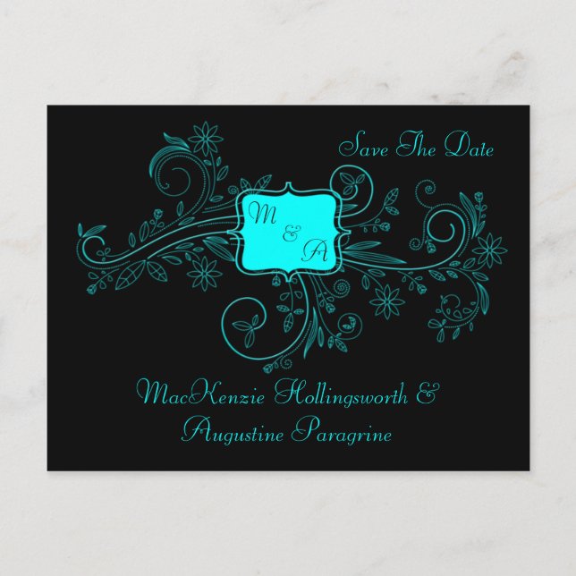 Carte Postale Faire-part Aqua Black Monogramme Florales Enregistrer La Date (Devant)