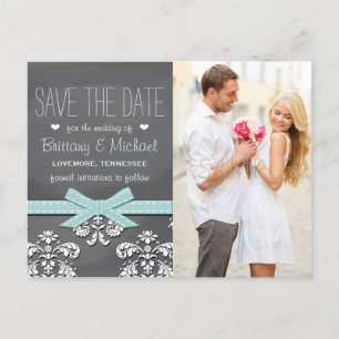 Carte Postale Faire-part Aqua Blue Chalkboard Lace Bow Enregistrer la date