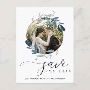 CARTE POSTALE FAIRE-PART AQUA BLUE ROSE FOLIAGE WREATH ENREGISTRER LA PHOTO
