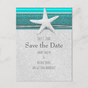Carte Postale Faire-part Aqua Blue & Silver Starfish Beach Enregistrer la d