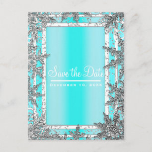 Carte Postale Faire-part Aqua Blue & Silver Winter Snowflakes Économisez la