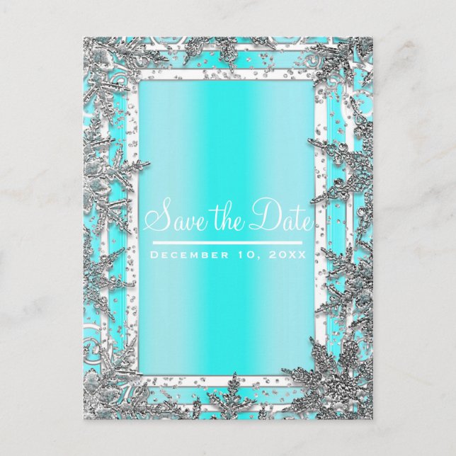 Carte Postale Faire-part Aqua Blue & Silver Winter Snowflakes Économisez la (Devant)