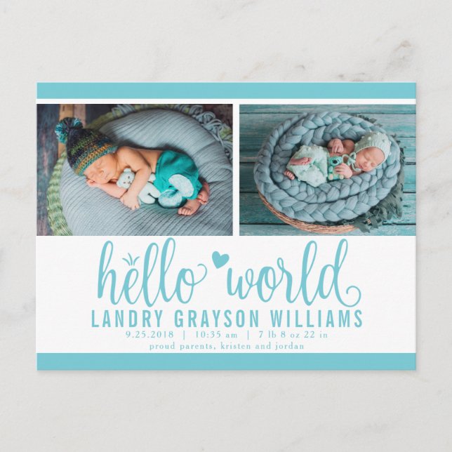 Carte Postale Faire-part Aqua Hello World Photo Birth Stat (Devant)