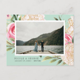 Carte Postale Faire-part Aqua Peony et fleurs Photo MARIAGE SAUVER LA DATE