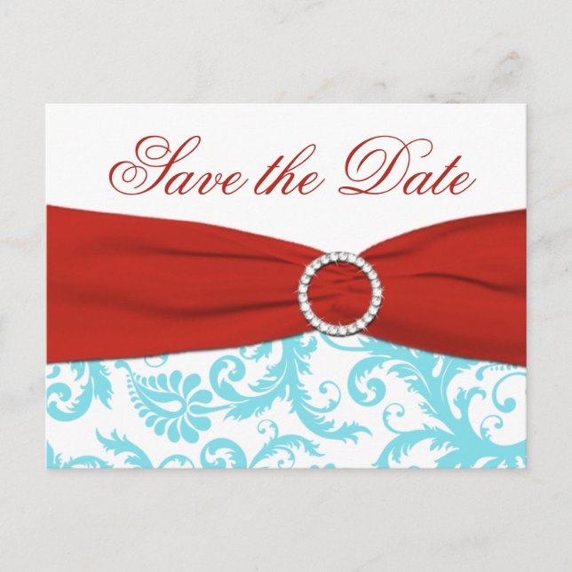 Carte Postale Faire-part Aqua, Red et White Damask Enregistrer la date Cart (Devant)