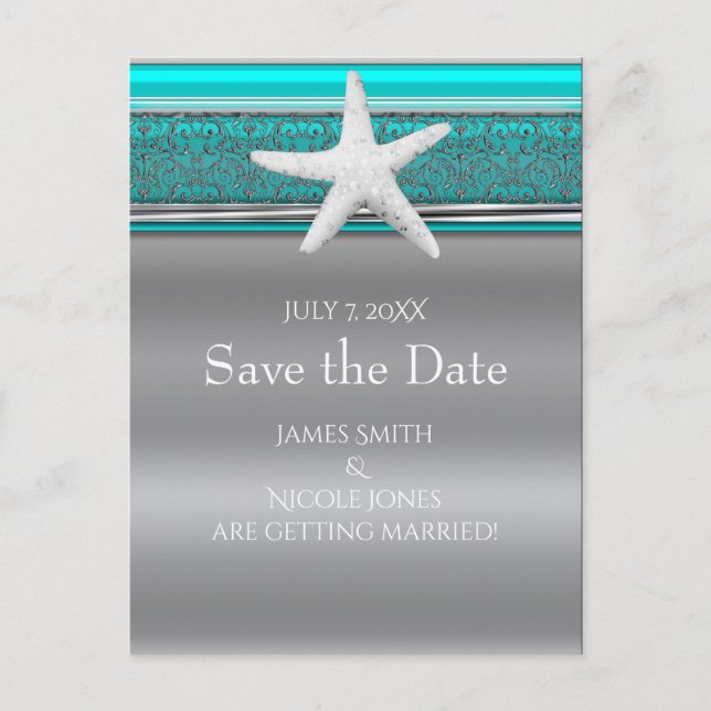 Carte Postale Faire-part Aqua & Silver Étoile de Mer Plage Save the Date (Devant)
