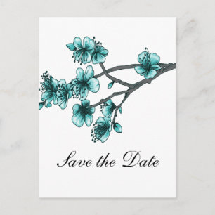 Carte Postale Faire-part Aqua Simple Cherry Blossoms Enregistrer la date
