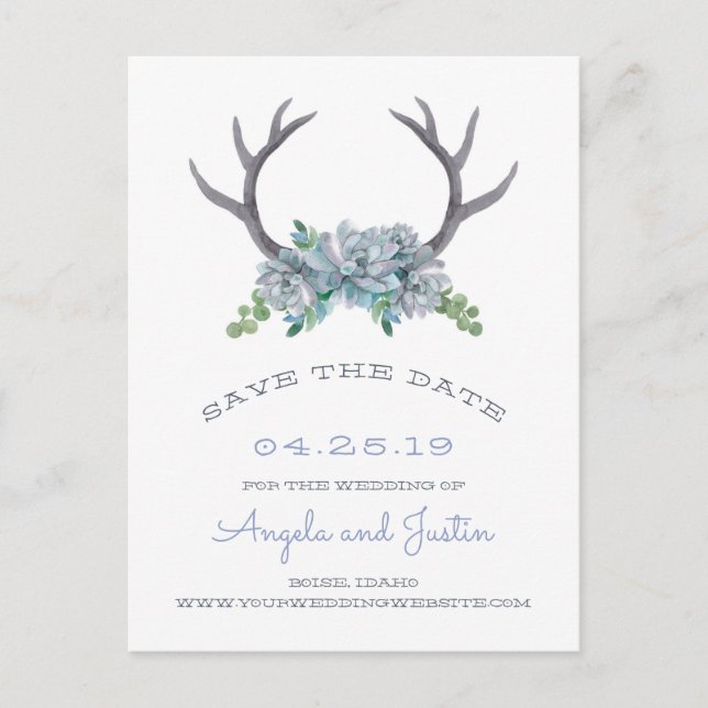 Carte Postale Faire-part Aquarelle Antlers et Mariage campagnard Echeveria (Devant)