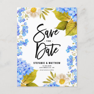 Carte Postale Faire-part Aquarelle bleu Hydrangea Floral Enregistrer la dat