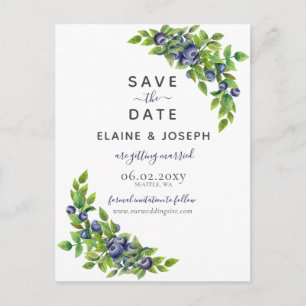 Carte Postale Faire-part aquarelle bleu myrtilles botanique mariage