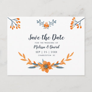 Carte Postale Faire-part Aquarelle bleu orange Floral Mariage romantique