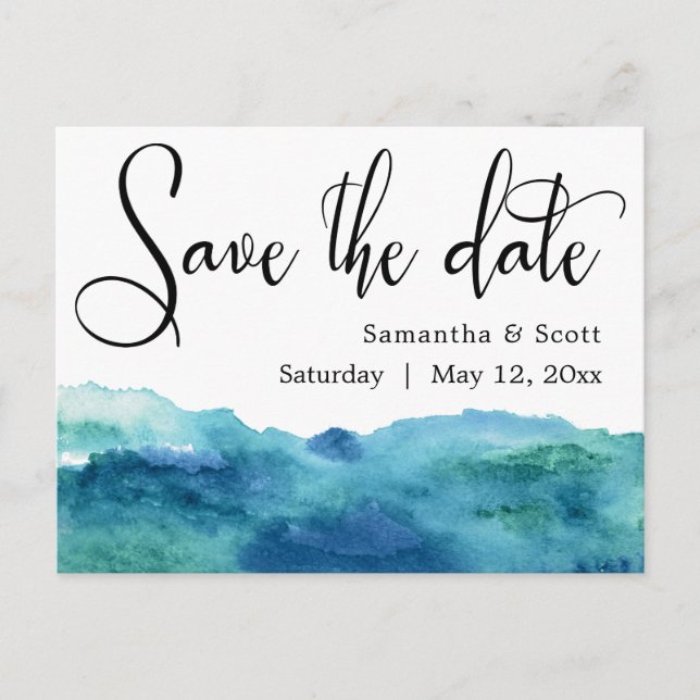 Carte Postale Faire-part Aquarelle bleu vert Aqua Moderne Enregistrer la da (Devant)