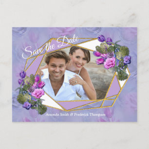 Carte Postale Faire-part Aquarelle bleu violet Roses & tulipes avec or c