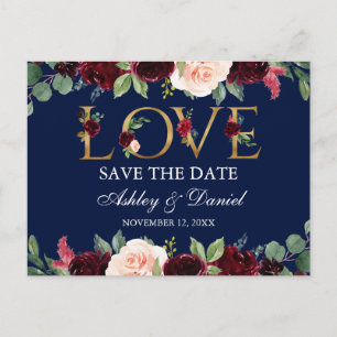 Carte Postale Faire-part Aquarelle Bleue Bourgogne Aimer Floral Enregistrer