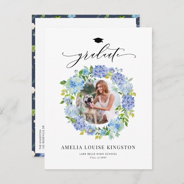 Carte Postale Faire-part Aquarelle Blue Hydrangea Wreath Photo Graduation (Devant / Derrière)