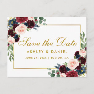 Carte Postale Faire-part Aquarelle Burgundy Bleu Floral Enregistrer La Date