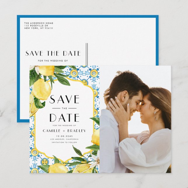 Carte Postale Faire-part Aquarelle Citron Méditerranée Photo Enregistrer la (Devant / Derrière)