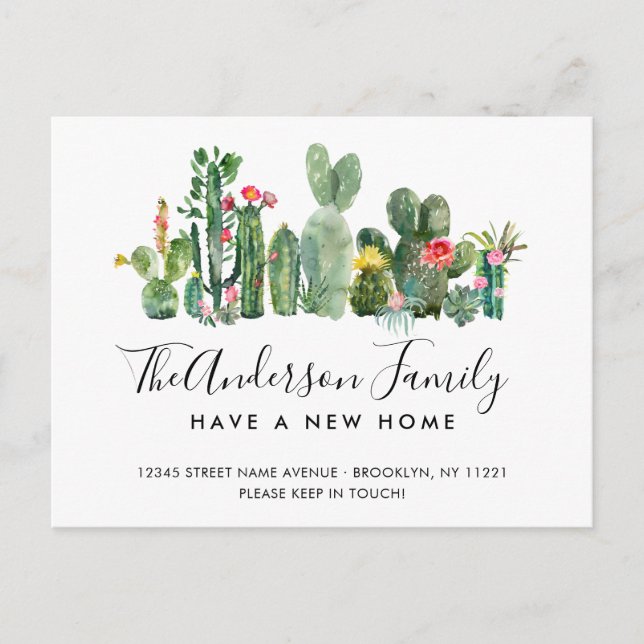 Carte Postale Faire-part Aquarelle Cute Cactus Nom de famille Nouvelle mais (Devant)