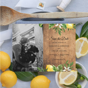 Carte Postale Faire-part Aquarelle de citrons jaunes et feuille en bois vin