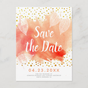 Carte Postale Faire-part Aquarelle de corail et mariage feuille Enregistrer