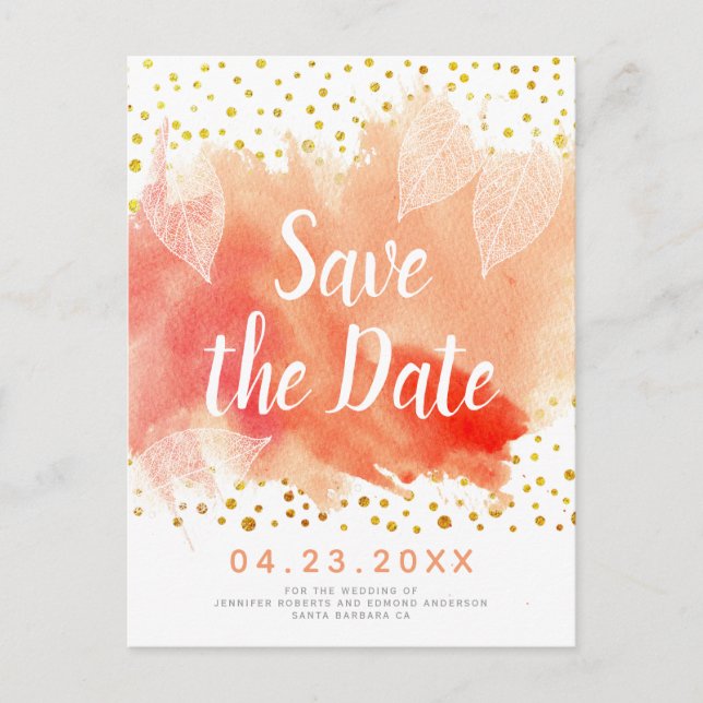 Carte Postale Faire-part Aquarelle de corail et mariage feuille Enregistrer (Devant)