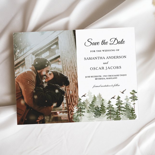 Carte Postale Faire-part Aquarelle d'hiver moderne Forêt verte avec neige (Créateur téléchargé)