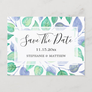 Carte Postale Faire-part Aquarelle Dusty Blue Feuilles mariage Enregistrer