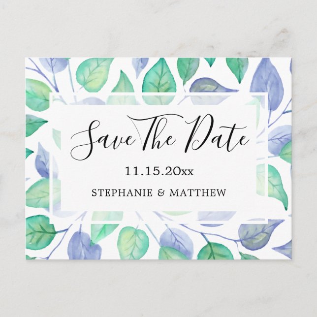 Carte Postale Faire-part Aquarelle Dusty Blue Feuilles mariage Enregistrer  (Devant)