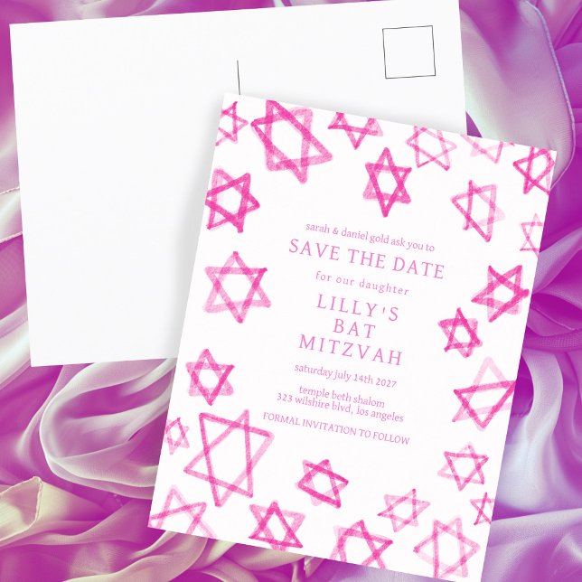 Carte Postale Faire-part Aquarelle Étoile de David rose mignonne Bar Mitzva (Watercolor Cute Pink Star of David Bar Bat Mitzvah Save the Date Announcement Postcard
)