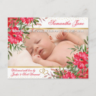 Carte Postale Faire-part Aquarelle Fleurs d'été rose vif Naissance de bébé
