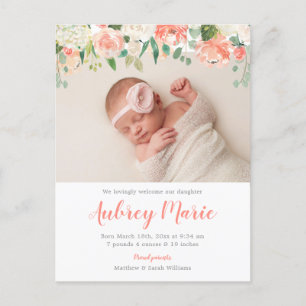 Carte Postale Faire-part Aquarelle Floral Girl Photo Naissance