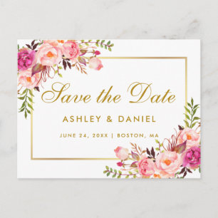 Carte Postale Faire-part Aquarelle Floral Rose Blush Or Enregistrer La Date