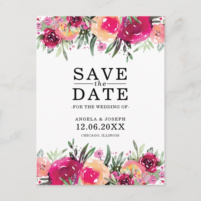 Carte Postale Faire-part Aquarelle Floral rose mariage Enregistrer la date (Devant)