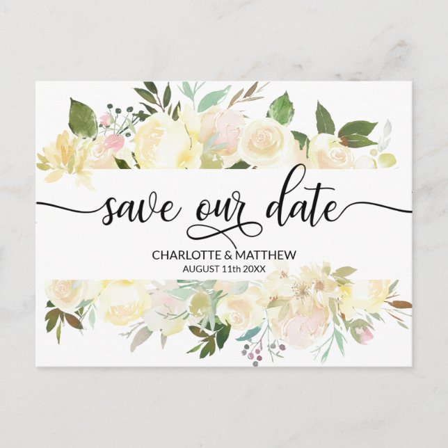 Carte Postale Faire-part Aquarelle Floral rose Mariage ivoire ENREGISTRER N (Devant)